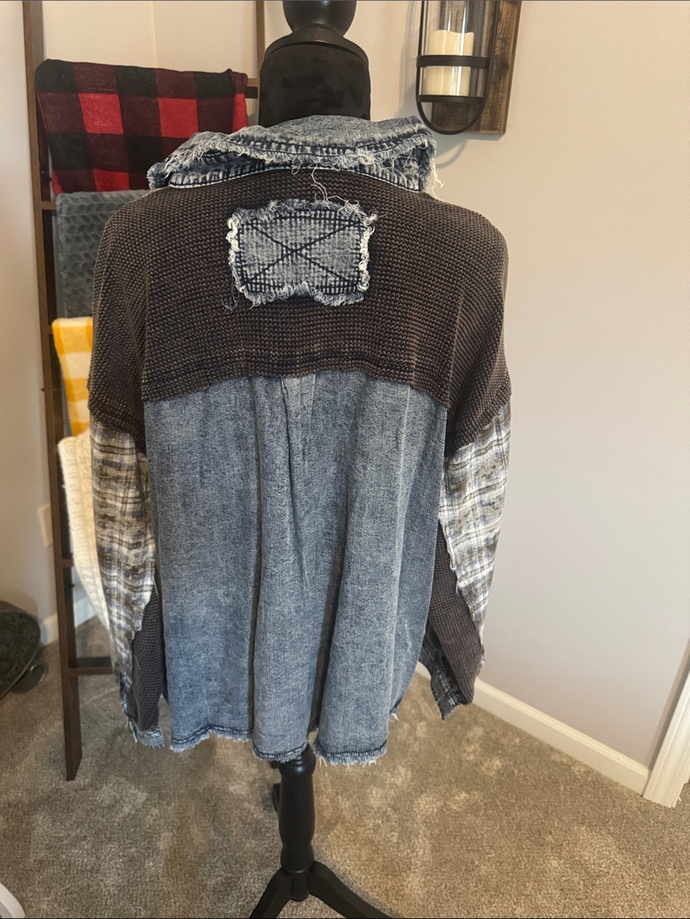 BKE Brown Knit Button-Down with Plaid Yoke and Distressed Denim Trim - Picture 5 of 8